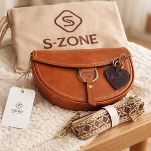 S-ZONE Tan Leather Crossbody Bag with Patterned Strap